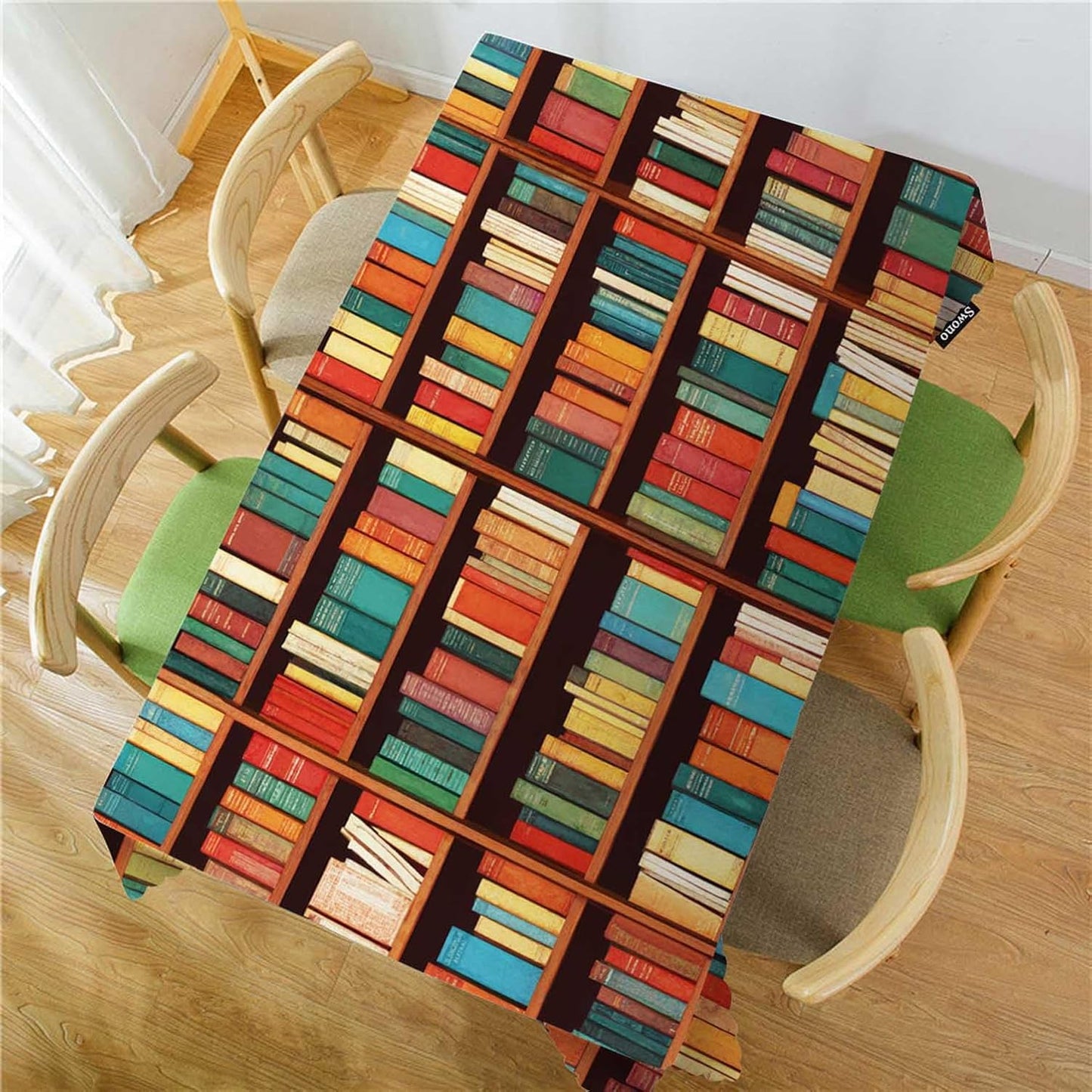 Swono 52x 70 Inch Book Shelf Tablecloth Retro Bookshelf Literature Books Rectangle Table Cloth Washable Plaid Table