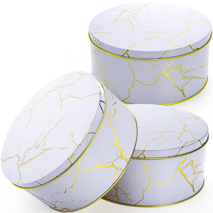 Yopay 3 Pack Cookie Tins with Lids, Round Gift Boxes for Toffee, Marbled Easter Baking Cake Containers for Valentines Gift Giving Puff Pastries Craft Supplies Metal Canister