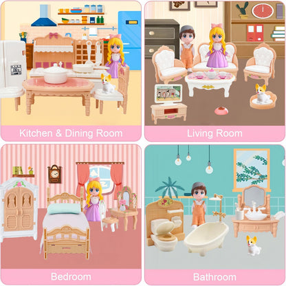 Princess Dollhouse Furniture Set, 48 Piece Luxury Miniature Accessories Collection with Living Room, Bathroom, Bedroom，Kitchen, TV Entertainment Set (Beige)