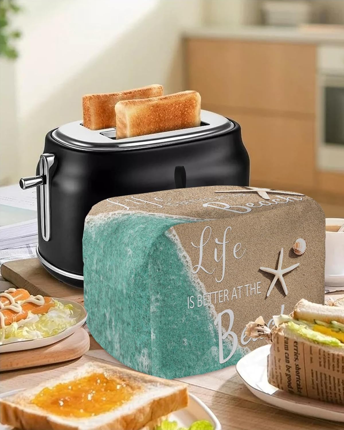 Life is Better at The Beach Toaster Cover 4 Slice, Ocean Nautical Coastal Starfish Toaster Oven Cover