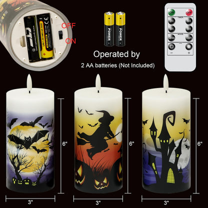DRomance Halloween Flameless LED Candles Battery Operated with Remote and Timer, Real Wax Flickering Pillar Candles 3D Wick Dimmable Light Castle Witch Bats Halloween Decor(3 Pack, 3 x 6 Inches)