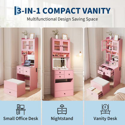 Garvee 3 in 1 Vanity Desk with LED Light, Tall Makeup Vanity Set with 2 AC Outlets & USB-c, Dressing Table with Drawers & Acrylic Doors, Nightstand Vanity Mirror, Jewelry Box, Cushioned Chair, Pink