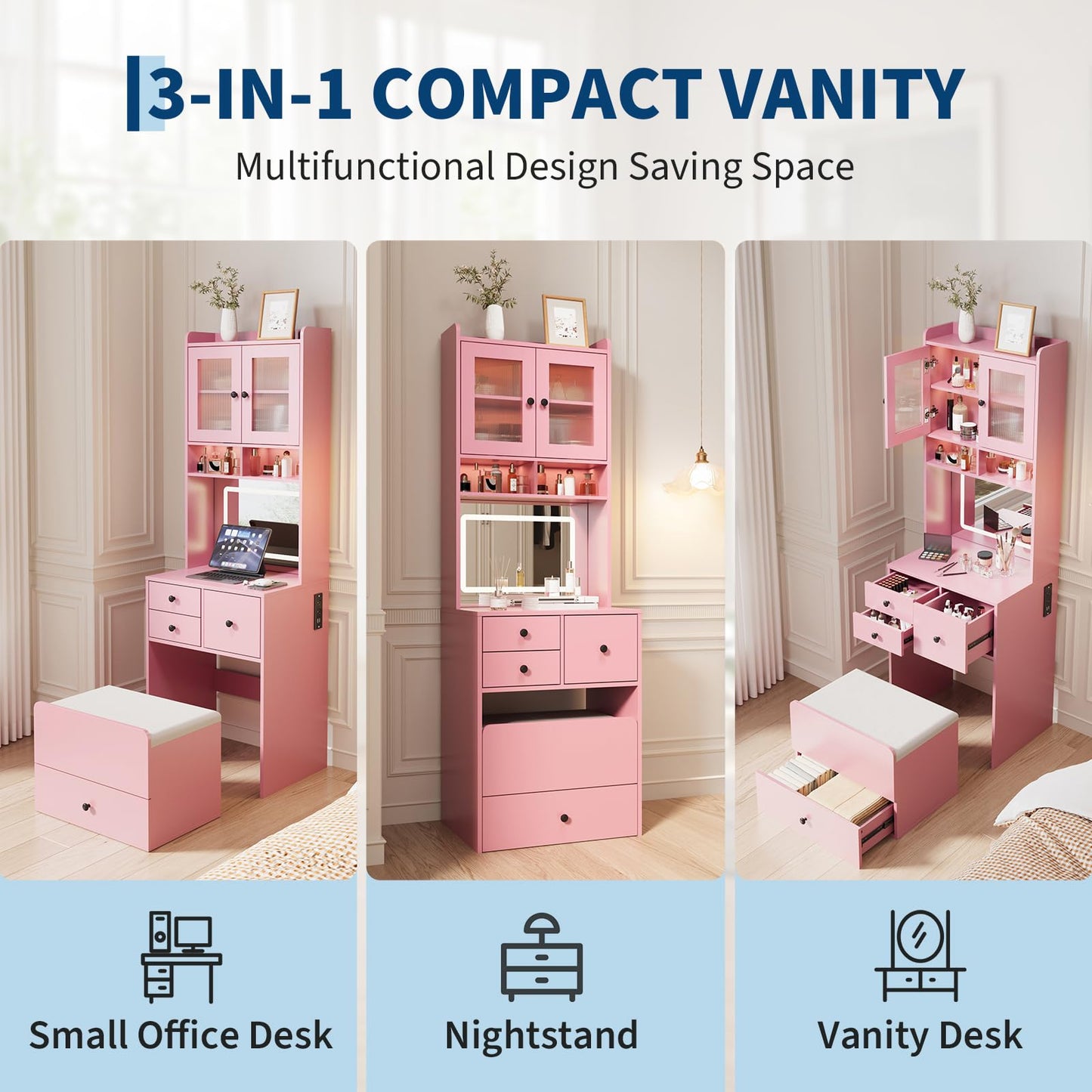 Hetoy 3-in-1 Vanity Desk with Sliding LED Mirror, AC Outlets & USB-C, 4 Drawers, Acrylic Doors, Storage Stool, Cushioned Chair - Complete Makeup Dressing Table Set for Bedroom - Pink