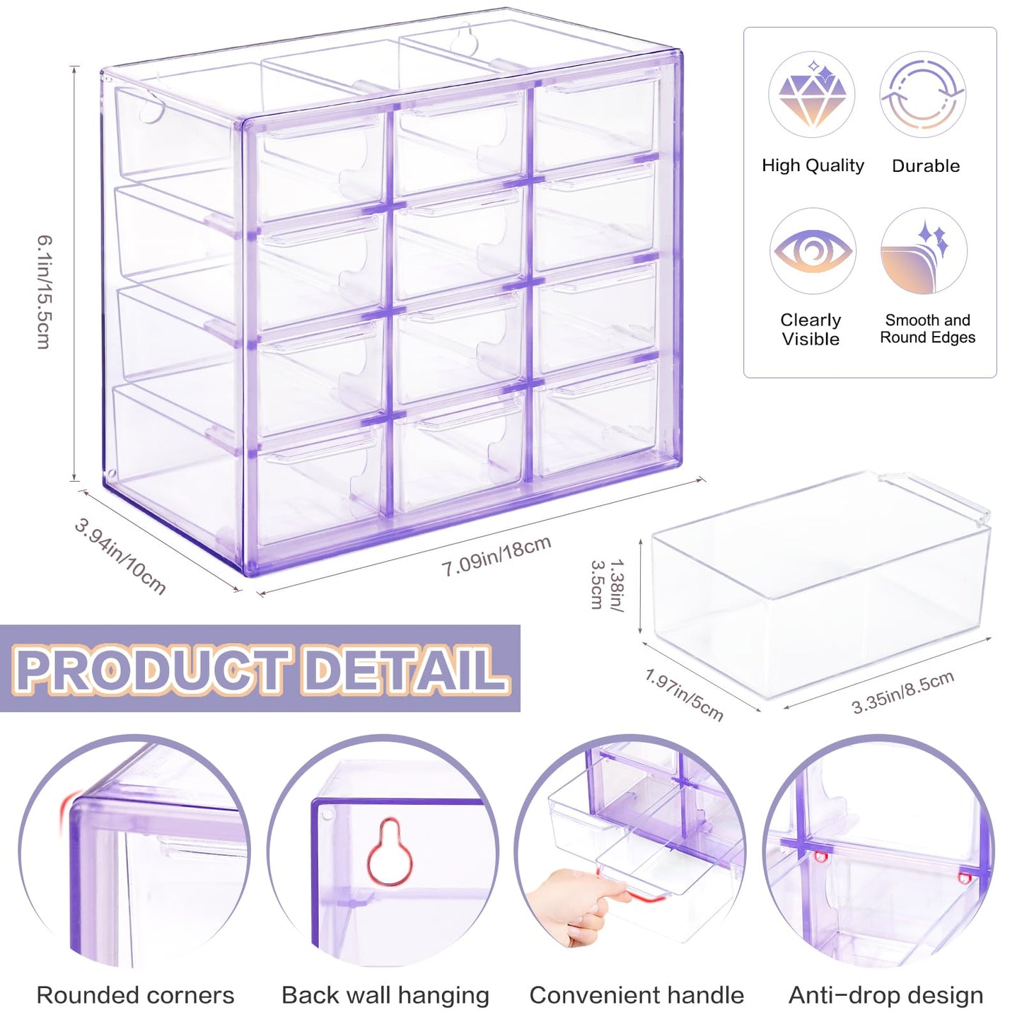 FODIENS Desk Storage Organizer with 12 Mini Drawers, Clear Desktop Craft Drawer Cabinet, Stackable Storage Box Caddy for Makeup Jewelry Office Craft Supplies (Purple)