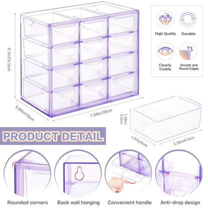 FODIENS Desk Storage Organizer with 12 Mini Drawers, Clear Desktop Craft Drawer Cabinet, Stackable Storage Box Caddy for Makeup Jewelry Office Craft Supplies (Purple)
