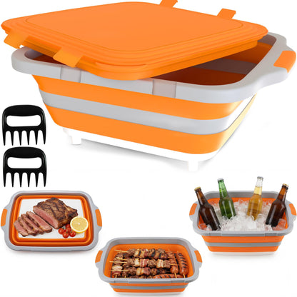 MAYALEAD BBQ Prep Tub with 2 Pcs Meat Shredder Claws, Collapsible Cutting Board, Cutting Board with Locking Lids, Drip Easy BBQ Prep Tub with lid-XL Size (Orange)