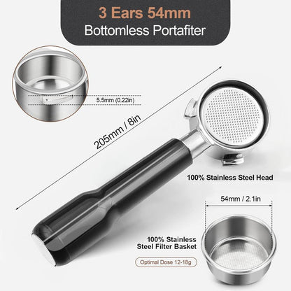 WhaleSiper Bottomless Portafilter 54mm Compatible with Breville BES870/880 & Solis etc., 3-Ear Stainless Head