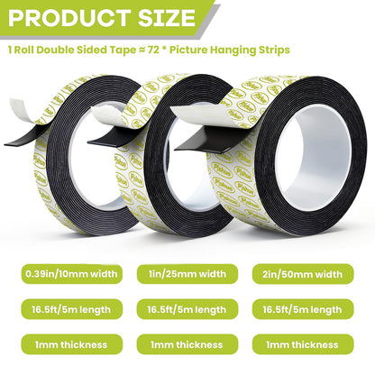 Double Sided Tape Heavy Duty, Damage Free Mounting Tape No Residue, Removable Foam Tape Strips, Picture Hanging Adhesive Strips Waterproof for Walls Home Office Decor Crafts Carpet Poster,0.39"×16.5Ft