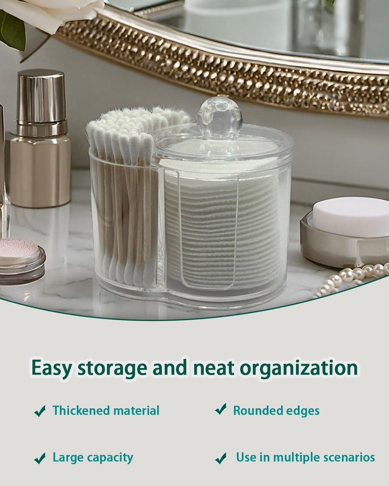 AkoSlale Clear Plastic 2-in-1 Cotton Swab Dispenser & Makeup Pad Holder - Shatterproof Bathroom Vanity Organizer Apothecary Jars for Cotton Rounds, Balls, Floss Picks, Hair Ties & Beauty Sponges