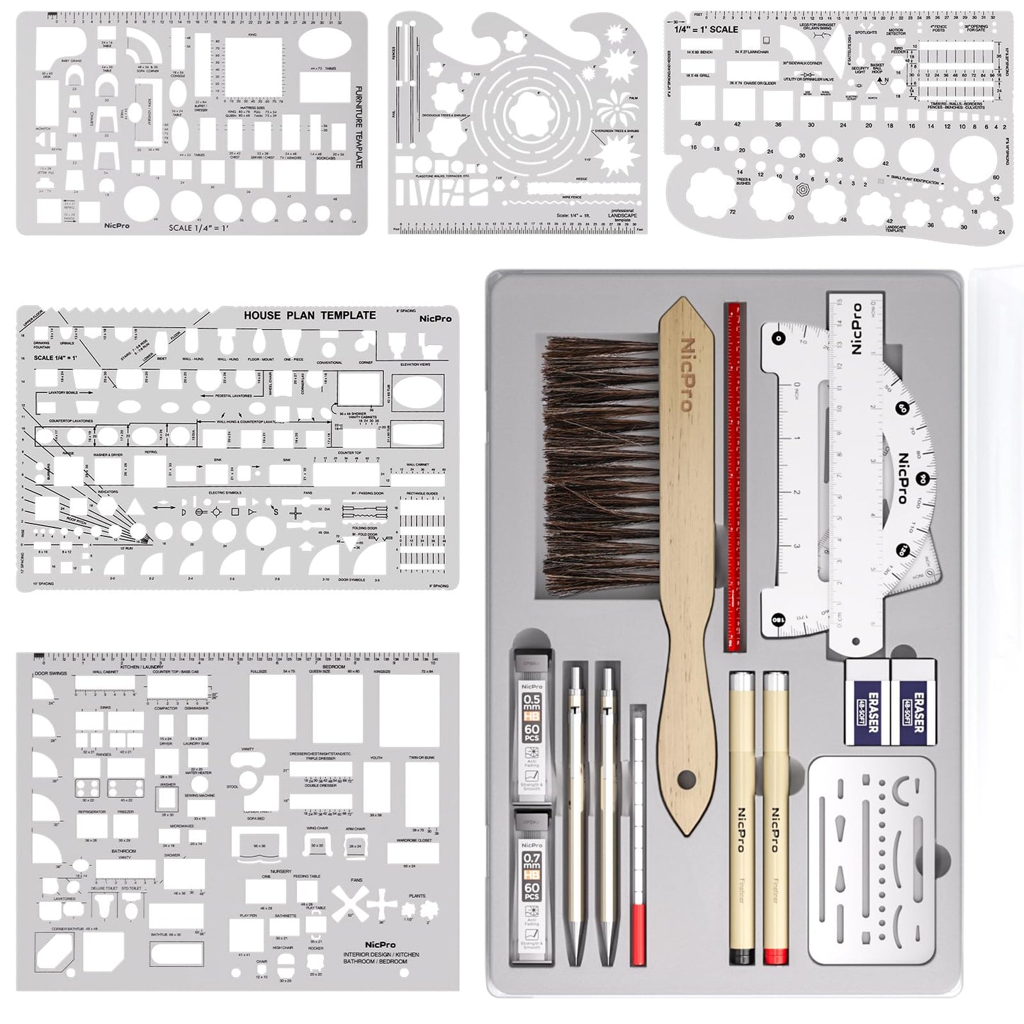 Nicpro 21PCS Professional Drafting Tools & Geometry Set with Case, Architect Compass & Protractor Set, Metal Pencils, Pens, Scale Ruler Metal Ruler, 5 Drawing Templates for Interior House Plan Design
