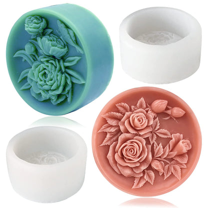2PCS Round Flower Soap Molds for Soap Making, Rose Resin Candle Mold Silicone, Bath Bombs Lotion Bar Silicone Mold, 3D Mold for Soap Candle Beeswax Making, Handmade Cake Chocolate Biscuit Ice Pudding