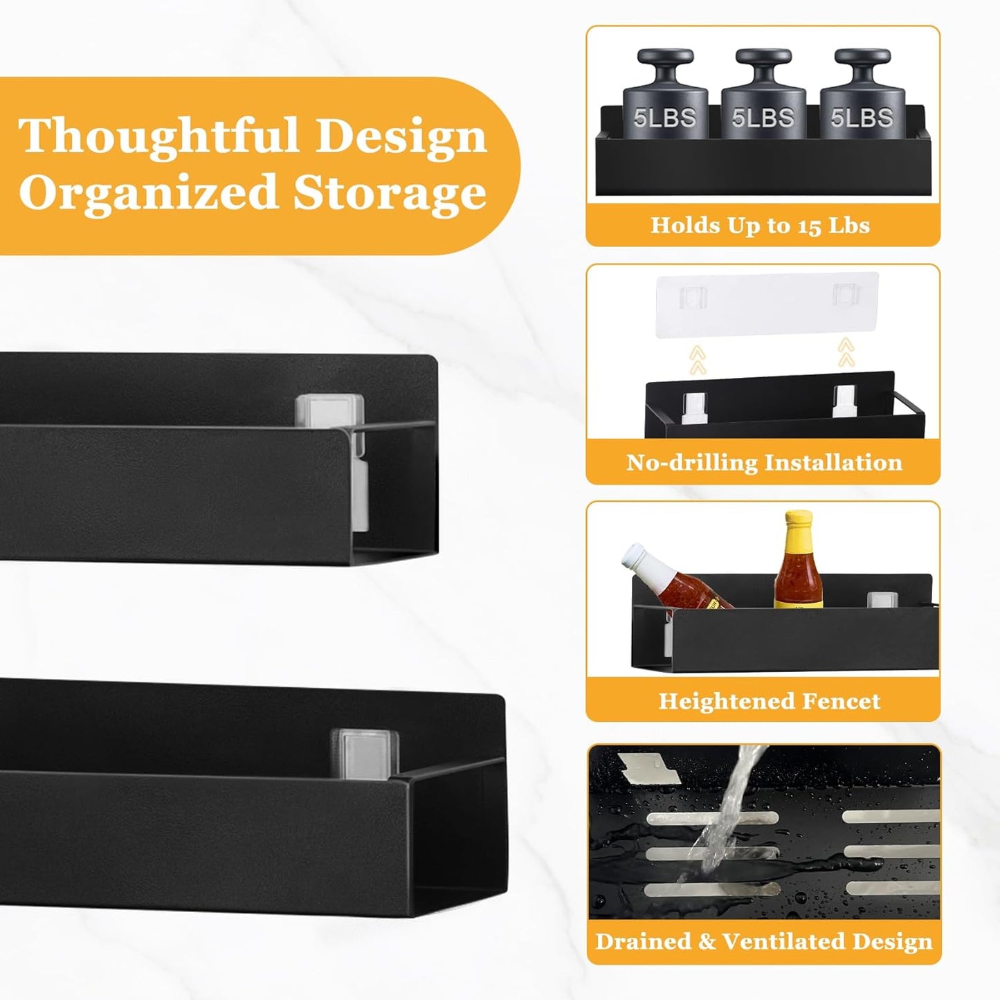 Kitchen Spice Rack for Wall - 13.8" Black Large Adhesive Hanging Spice Racks, 2 Packs Storage Organizer