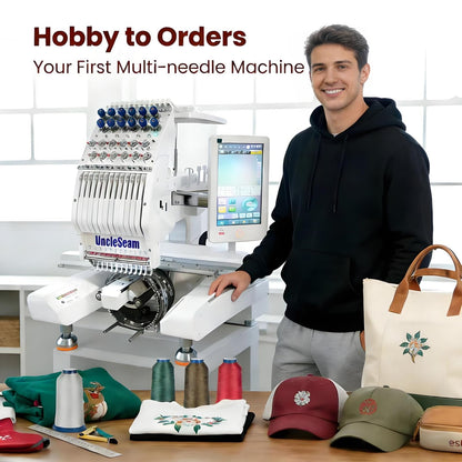 UncleSeam 15-Needle Commercial Embroidery Machine, 12"x 8" Embroidery Area, Easy to Use for Flat Embroidery, Hats, T-Shirts, Auto Color Change & Trim, Supports WiFi/USB Transfer (15-Needle with Stand)