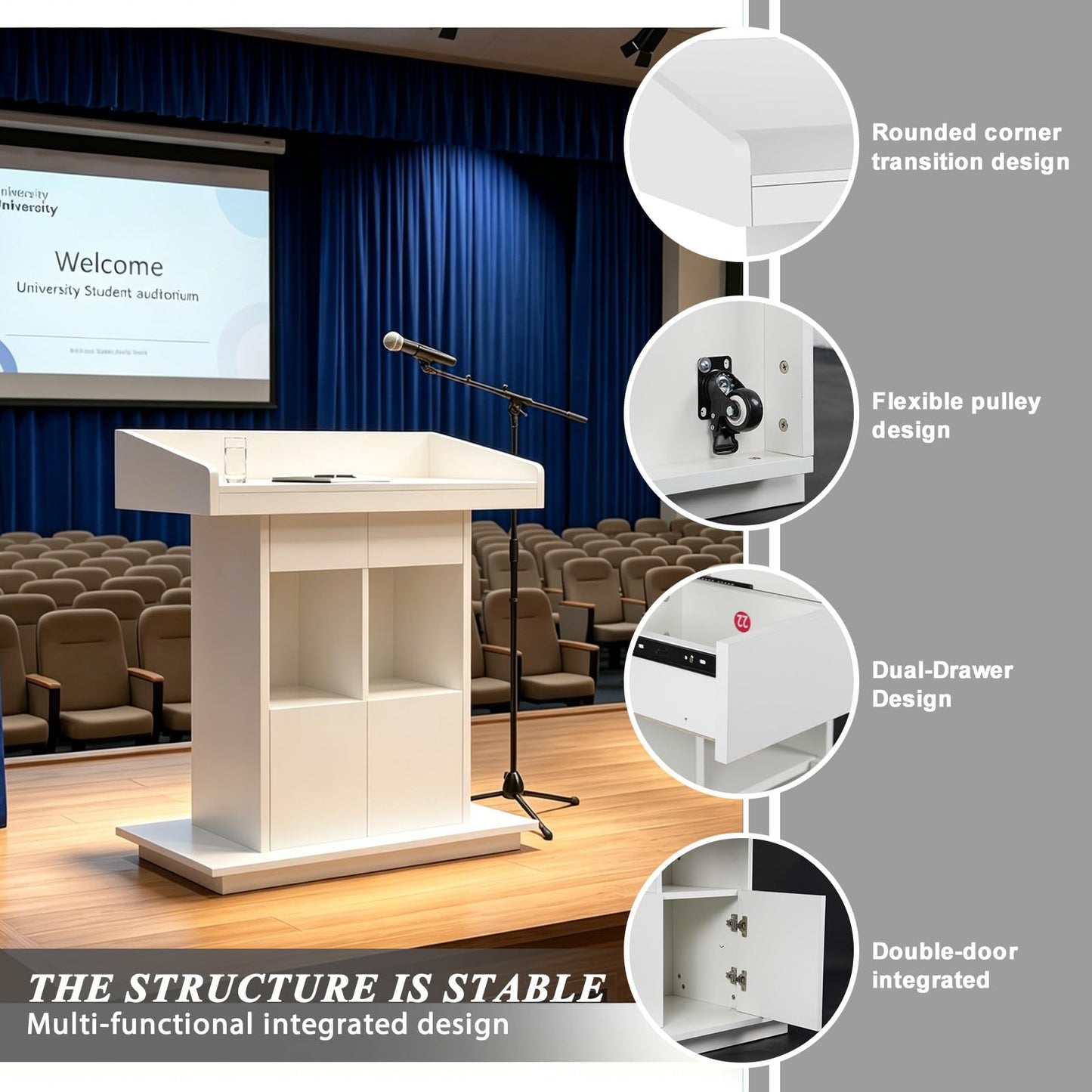 Portable Podium Stand, Podium Stand with Wheels, Church Pulpit with Storage, Church Podium Stands, Wooden Podium, Modern Podium, Lecterns Podiums, L39.4" x W20" x H44.3" (White)