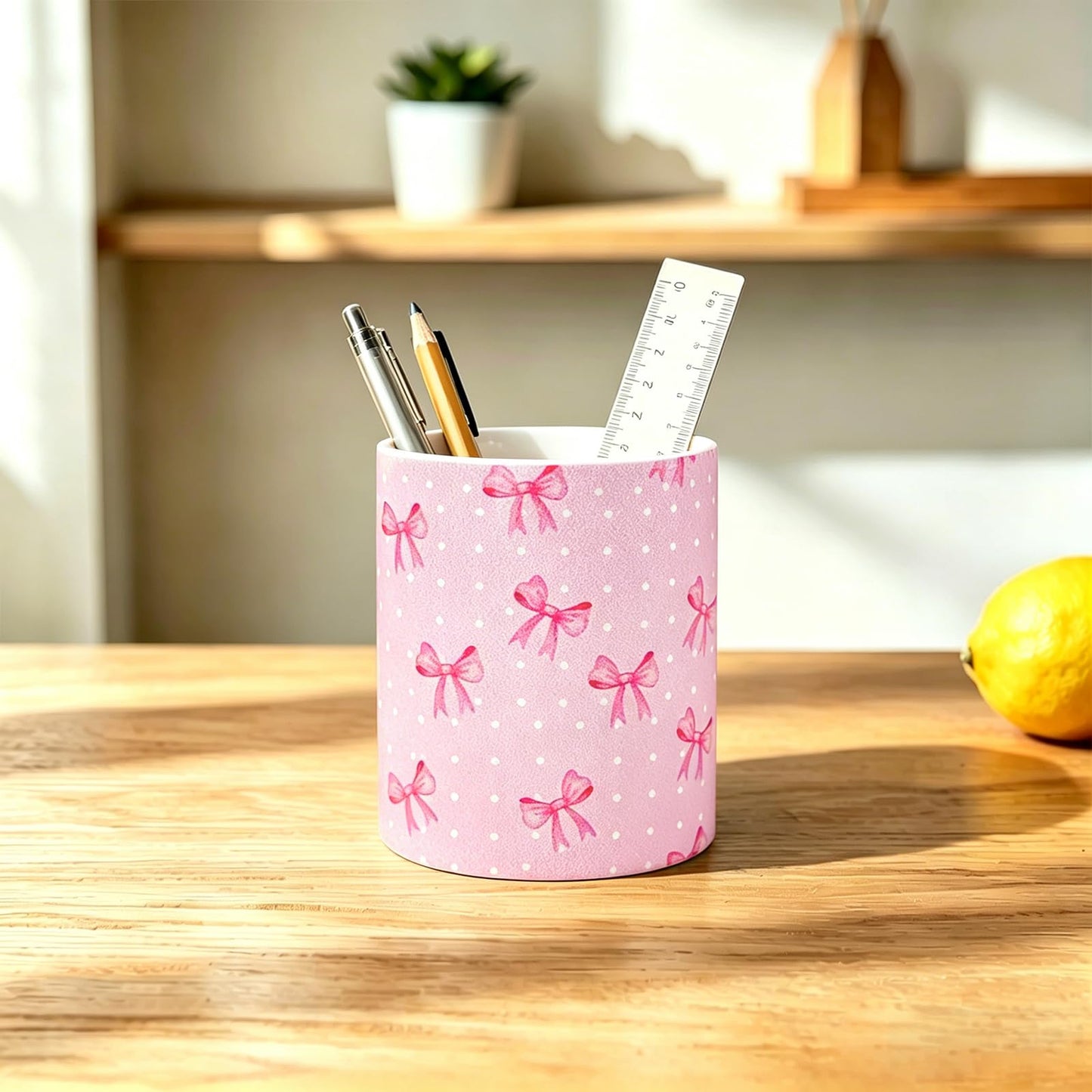 vnbsdwi Ceramic Pencil Holder for Desk Cute Pen Holder Pink Bow Pencil Cup Pot Desk Organizer Large Capacity Ceramic Makeup Brush Holders Multifunctional Office Supplies for Home School