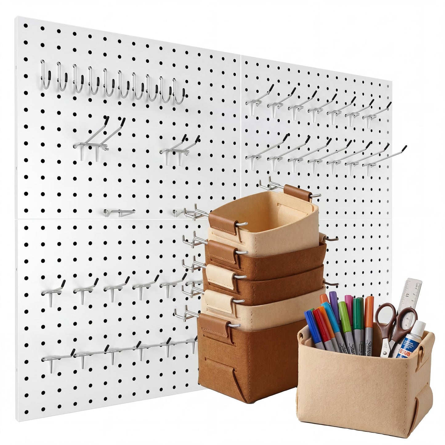 Spampur Peg Board, 4 Pack Metal PegBoard Organizer with Accessories, White Pegboard Panels with 50 Pcs Hooks and Baskets, Wall Organizer for Office, Craft Room Organization, Garage, Sewing Room