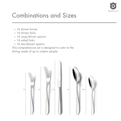 DANIALLI Hammered Silverware Set | Premium 18/10 Stainless Steel Flatware Service for 16 | Heavy-Duty & Dishwasher Safe | Built to Last (80-Piece, Fidenza Hammered)