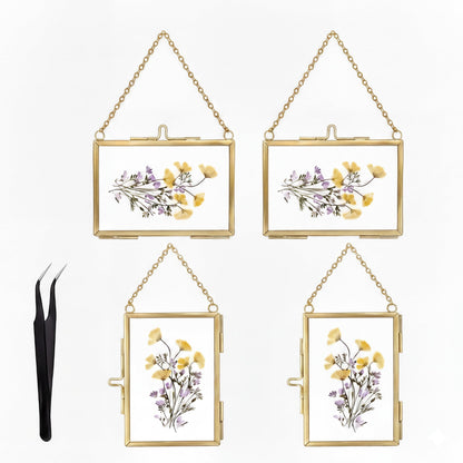 FOCHIER F 4 Pcs Pressed Flower Frame with Tweezers, Wall Hanging Tabletop Display Double Glass Frames with Metal Chain for Pressed Dried Flowers Plants, Horizontal and Vertical Picture Frame,Gold, FRAMES ONLY