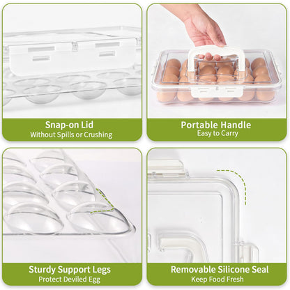 RoskDeewat Deviled Egg Containers with Lid, 2 Pack Thick Clear Plastic Deviled Carrier with Handle Storage 48 Eggs, Stackable Egg Holder Portable Tray Platter for Fridge, Travel, Party-White
