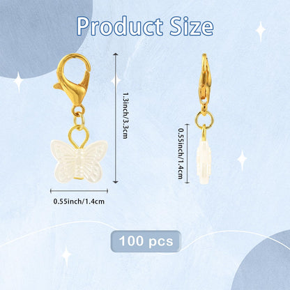 LEGENTLISUR 100PCS Butterfly Charms for Jewelry Making White Clip on Charms Acrylic Pendant with Lobster Clasps for Stitch Markers DIY Earrings Bracelet Crafts