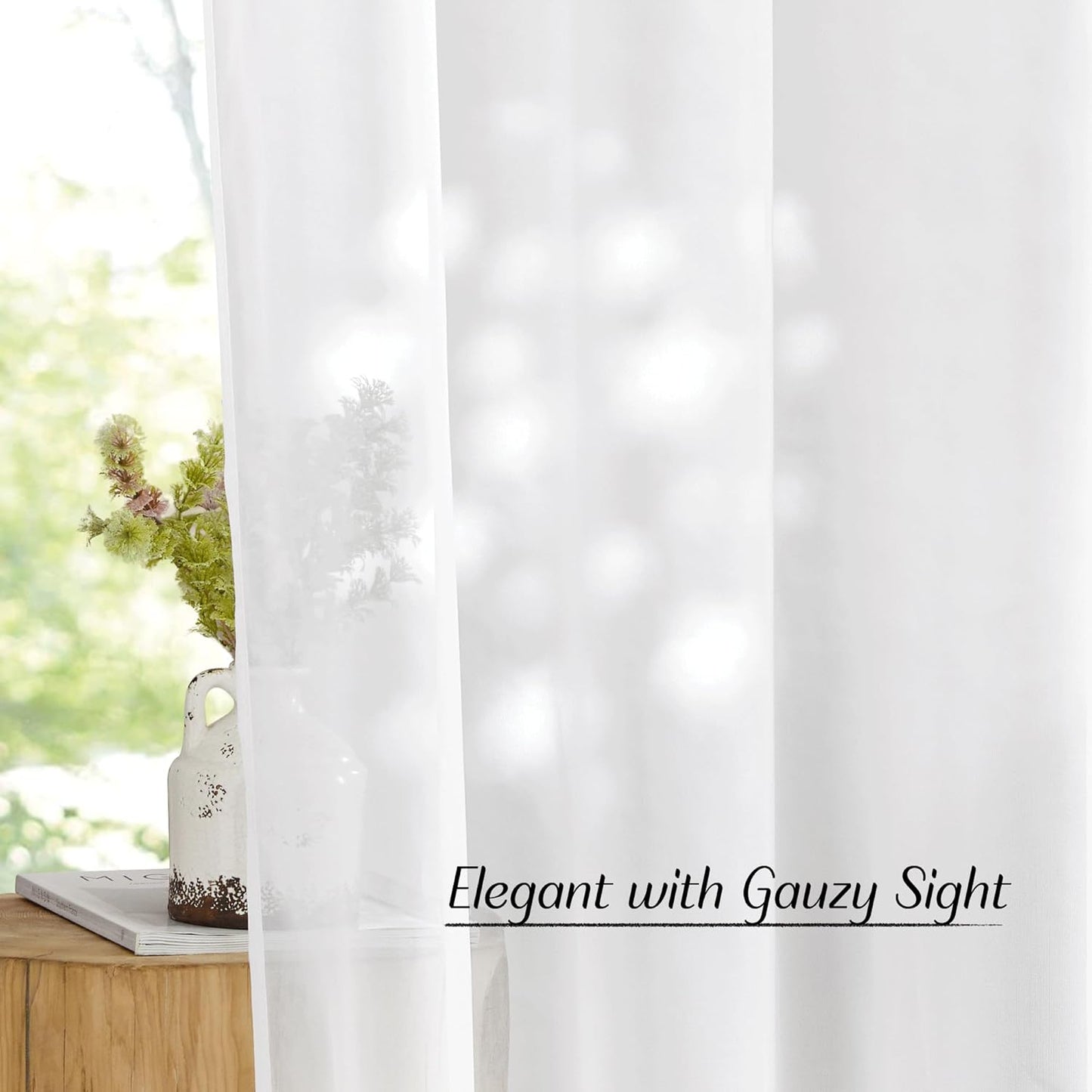NICETOWN Airy Sheer Window Curtains, 54 inch Length, Solid Ivory Voile Sheer Texture, Set of 2