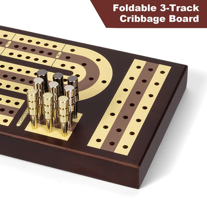 ESENHARBER Foldable Wooden Cribbage Board Set - Elegant 3-Track Design with Magnetic Closure, 9 Metal Pegs, Full Deck of Cards, Perfect for Family Game Nights and Travel