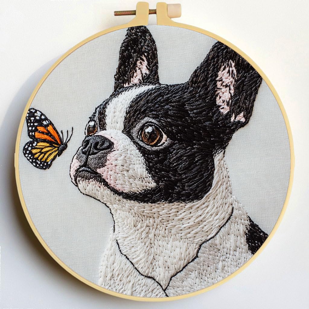 Punch Needle Kits Boston Terrier Dog and Butterfly Embroidery Starter Set with Hoop Easy for Beginners DIY Stress Relief Handmade Craft Hobby and Home Decor 20x20cm-3