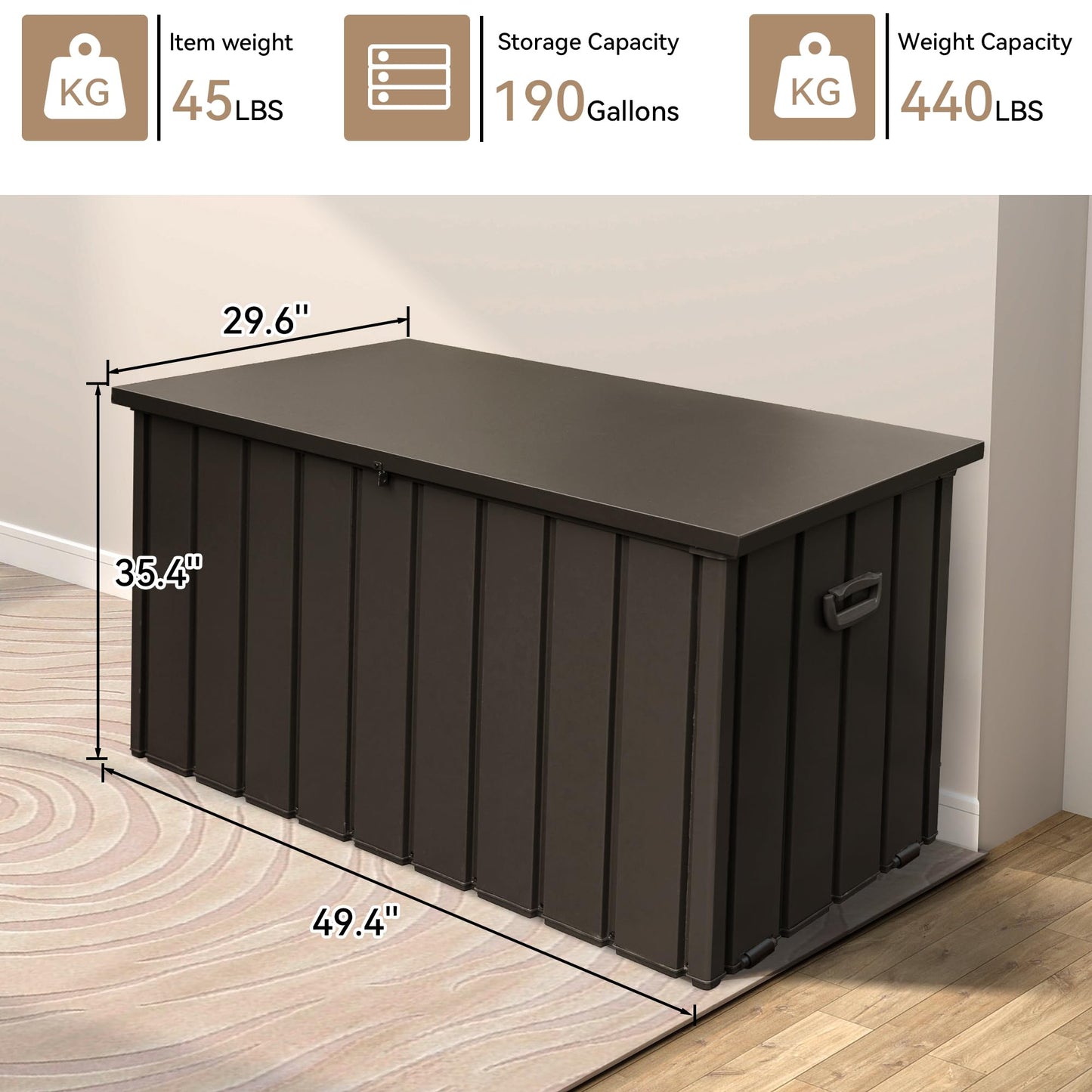 SHPAI 190 Gallon Metal Deck Box, Waterproof Steel Outdoor Box, Large Patio Furniture Storage Cabinet, Lockable Storage Bench for Porch Package Delivery, Pillows, Cushions, Pool, Tools, Backyard, Brown