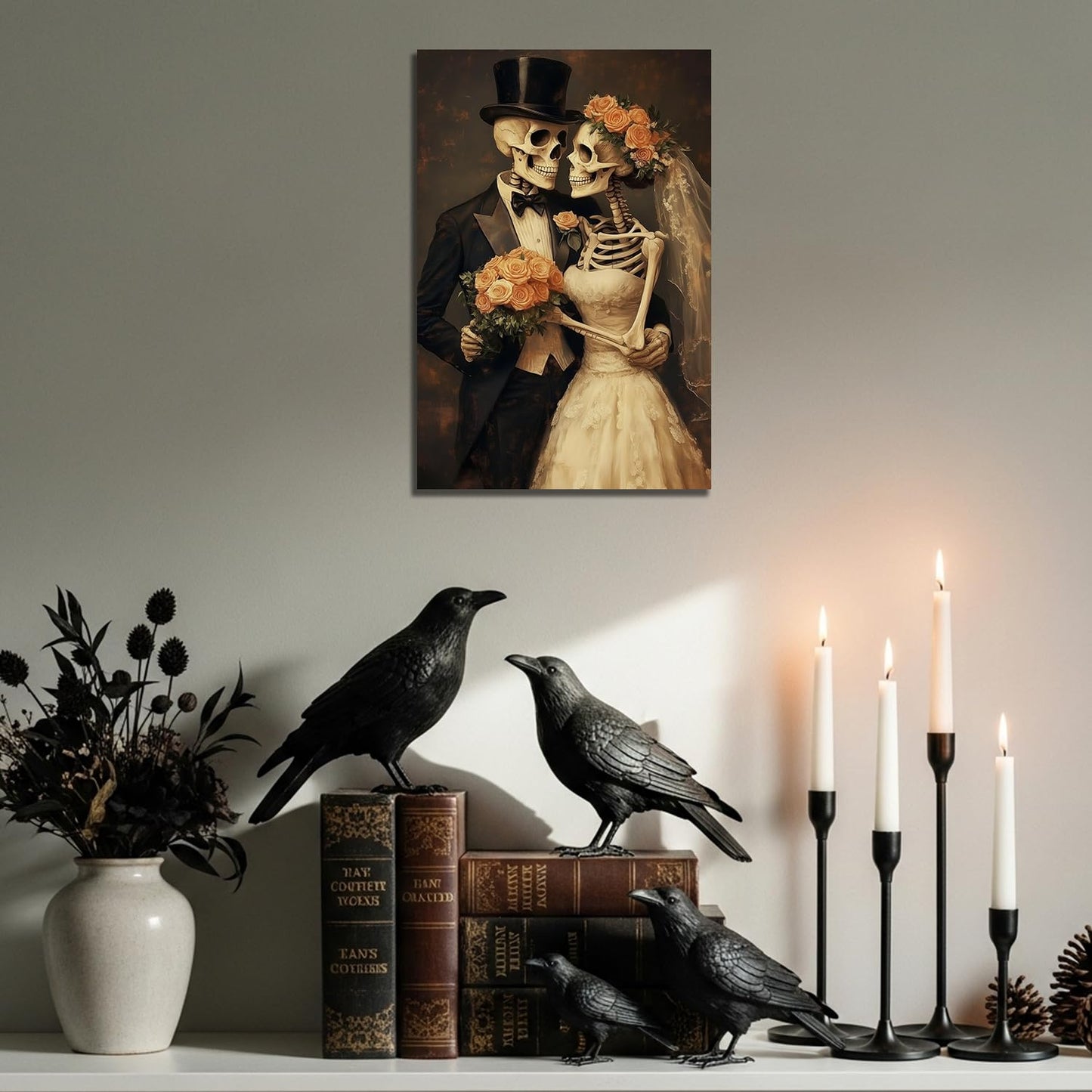 SANGGUOBIN Halloween Canvas Wall Art Skeleton Bride Groom Portrait Prints Gothic Haunted Romantic Wedding Poster for Bedroom Living Room Bathroom Decor(Black-2,12x18inch)