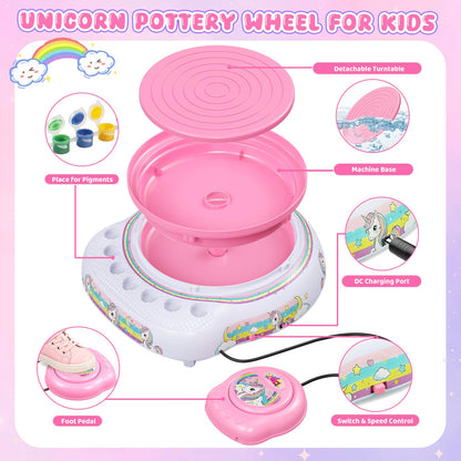 Pottery Wheel for Kids Complete DIY Pottery Painting Kit, Arts and Crafts for Kids Ages 8-12 with 3 Air-Dry Clay Packs and Tools, Unicorn Art Supplies Toys Birthday Gift for Boys Girls 6+ Years Old