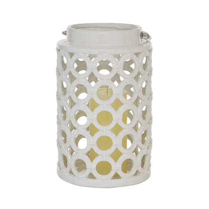 Deco 79 Ceramic Circles Decorative Candle Lantern with Cut Out Design, 8" x 9" x 8", White