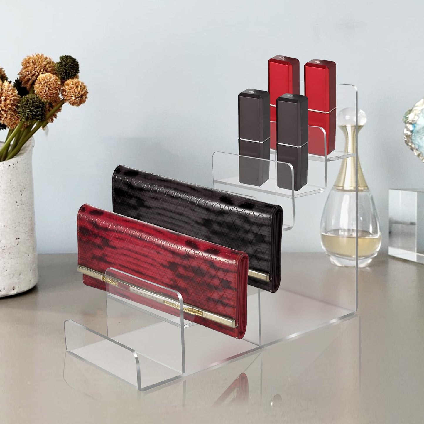 Acrylic Wallet Display Stand Purse Handbag Organizer, Clear Jewelry Riser Display Stand Purse Display Rack, Acrylic Display Shelf for Cosmetic Perfume Jewelry Sunglasses Handbag (2 PCS-4 Tier)