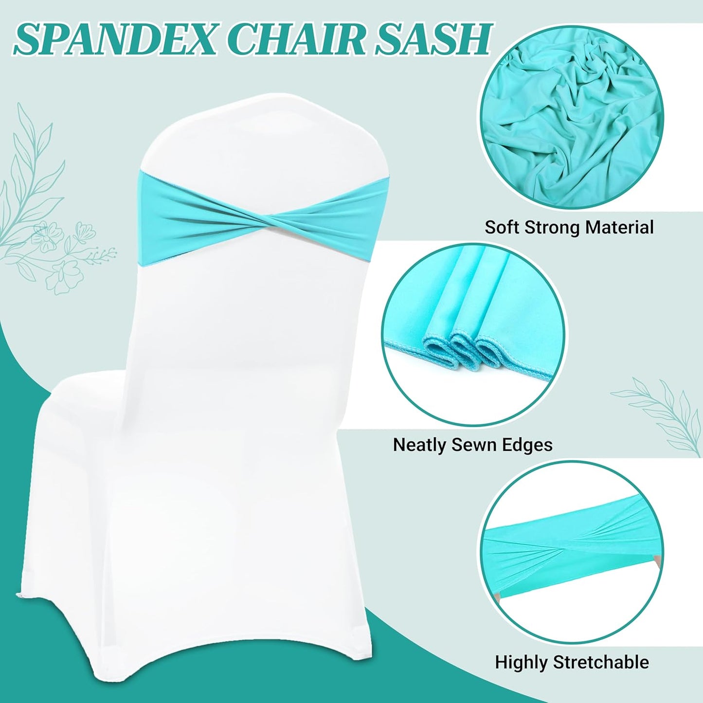 Pack 10 VDS of PCS | Aqua Blue| Spandex Chair Sashes Bows Without Buckle | Stretch Elastic Banquet Universal Folding