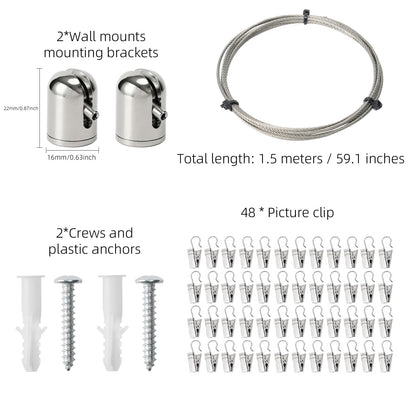 Art Display for Kids Artwork, 5ft Picture Hanging Wire Kit with 48 Clips for Kids Art Artwork Display, Photo, Wall Hanging Room Bedroom Decor