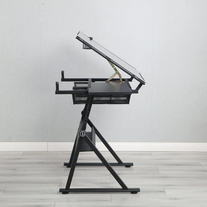 Gecheer Black Adjustable Tempered Glass Drafting Table with Chair, 0-75° Tilt Desktop, 5mm Thick, Two Metal Drawers & Side Storage Strips, Height & Angle Adjustable for Uneven Floors