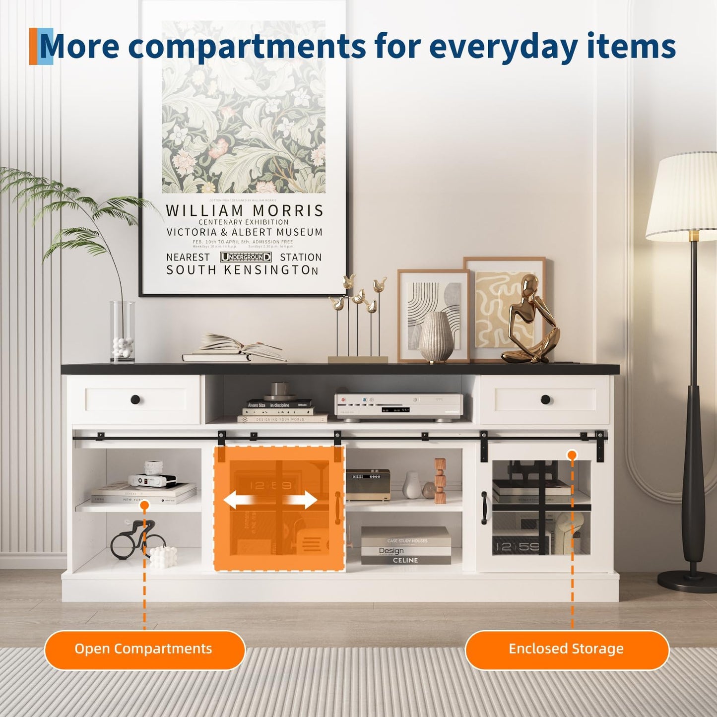 Garvee Farmhouse TV Stand for 80" TVs, Media Console Table with 2 Drawers, Power Outlets, Led Light, Barn Doors, Entertainment Center with Adjustable Shelves for Home Office, 66" w, White+Black Top