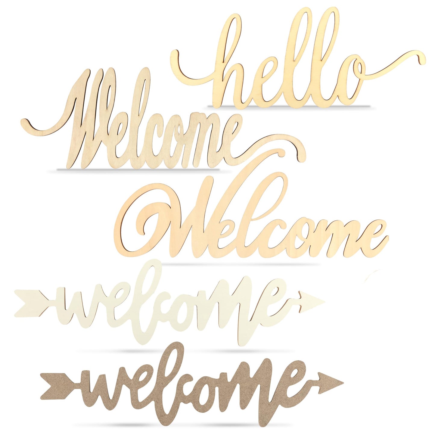 Joyavo Welcome Hello Unfinished Wooden Letters Wood Cutout Signs for Wreath Blank Decorative Word Signs for Crafts/Painting/Wall Decor/Letter Board/DIY (5PCS)