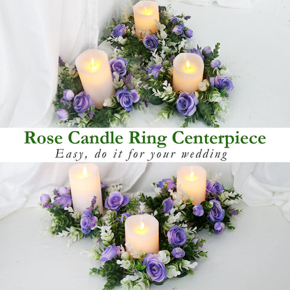 Acmee 4 Pcs Purple Rose Candle Rings - Artificial Floral Wreaths with Eucalyptus Leaves Greenery Flower Wreaths for Pillar Farmhouse Wedding Centerpiece Party Home Decor