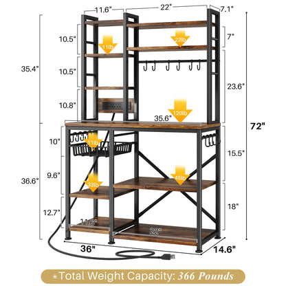 SNTD Baker Rack with Power Outlet - Microwave Stand with Storage, Large Coffee Bar Station with 14 Hooks, Metal Kitchen Shelf Rack for Spices, Pots (Rustic Brown)