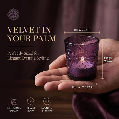 12 Pack Mandala Embossed Glass Candle Holders – Votive Tealight Holders with Patent Design, Decorative Embossed Glass Cups for Wedding Centerpieces, Parties, and Home Décor (Amethyst Bloom)