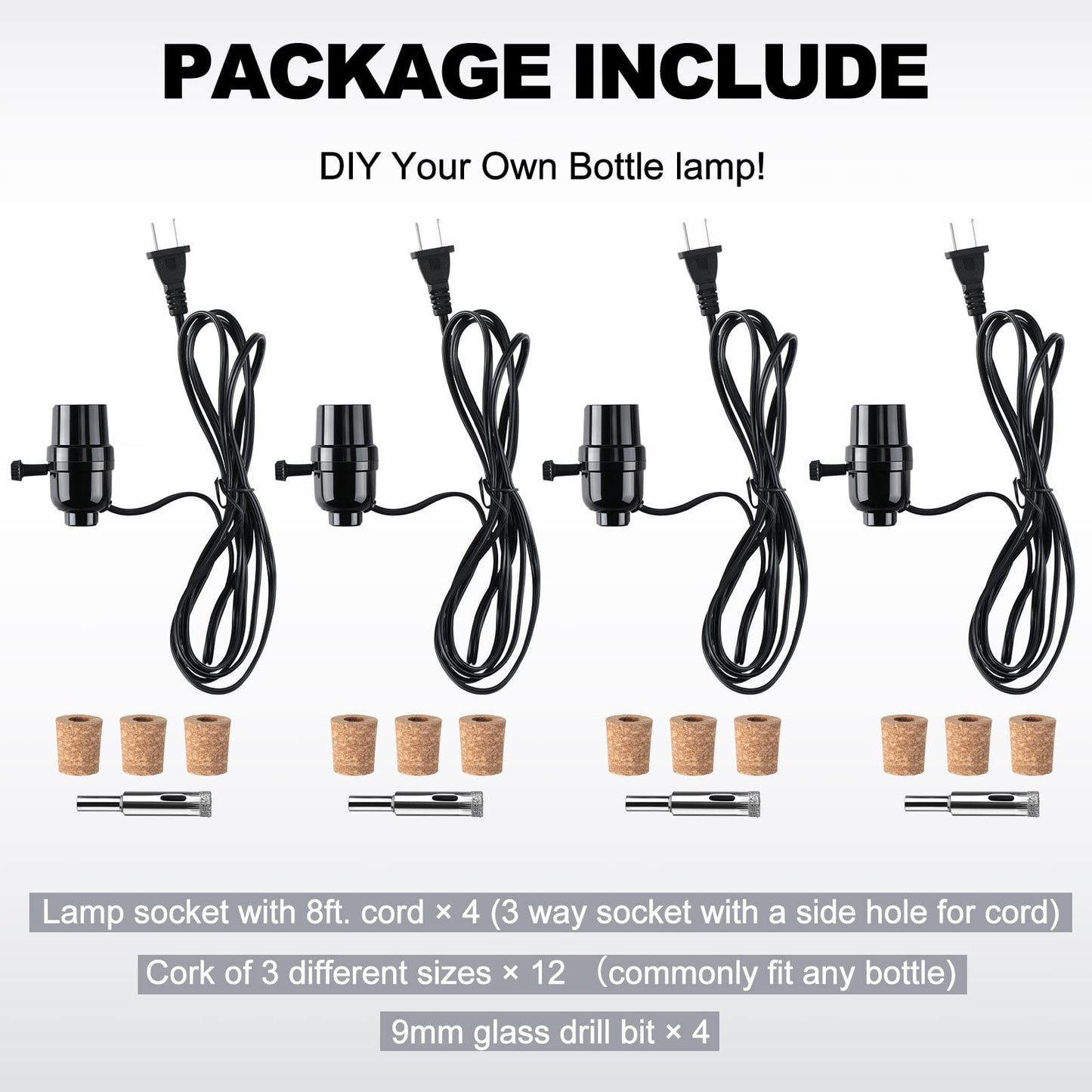 Fabbay 4 Sets Bottle Lamp Kit for Liquor Bottle Includes Stopper in 3 Sizes, 9 mm Glass Drill Bit, Slip on Socket, 8 Feet Power Cord for DIY Wine Bourbon Beer Glass Bottles Lamp No Drilling Required