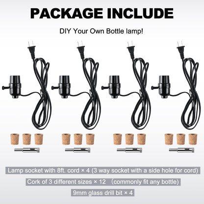 Fabbay 4 Sets Bottle Lamp Kit for Liquor Bottle Includes Stopper in 3 Sizes, 9 mm Glass Drill Bit, Slip on Socket, 8 Feet Power Cord for DIY Wine Bourbon Beer Glass Bottles Lamp No Drilling Required