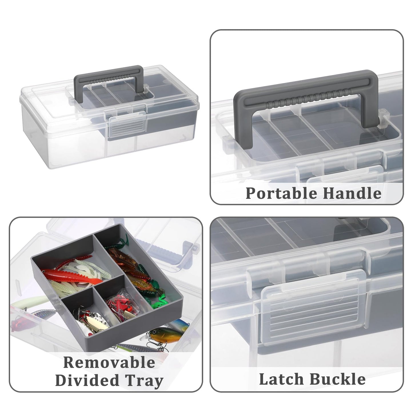 JUXYES Plastic Carry Storage Box with Removable Dividers, Clear Art Craft Supply Storage Bin Sewing Box With Handle Lid, 2 Layers Stationery Storage Case for School/Office Supplies