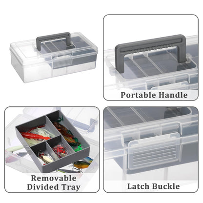 JUXYES Plastic Carry Storage Box with Removable Dividers, Clear Art Craft Supply Storage Bin Sewing Box With Handle Lid, 2 Layers Stationery Storage Case for School/Office Supplies