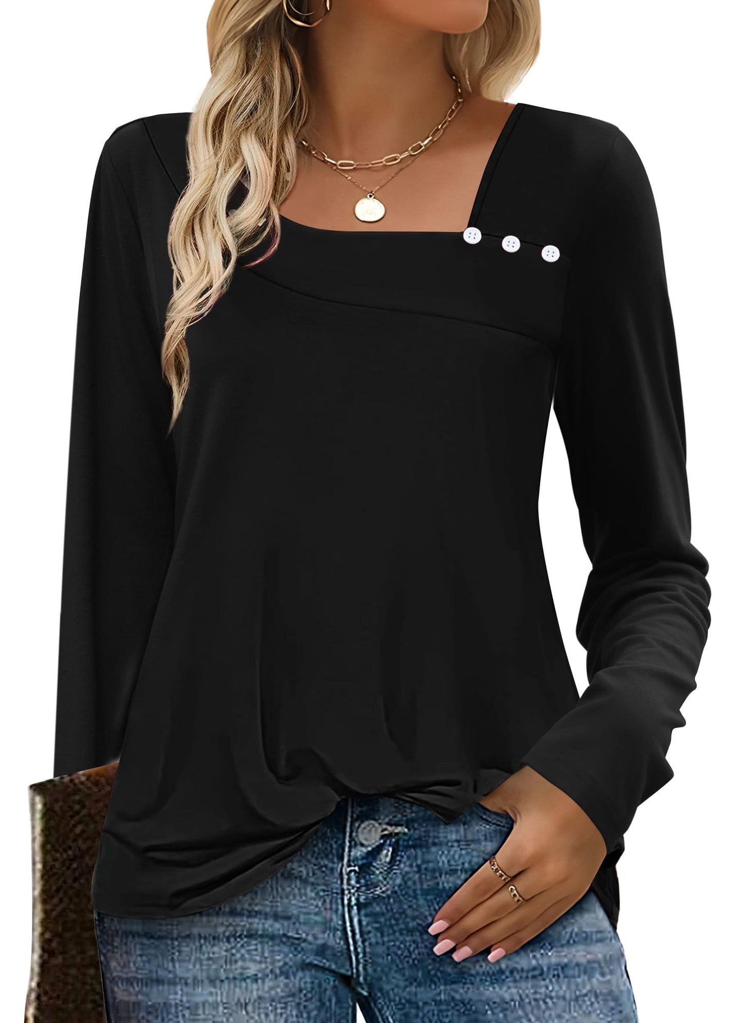 OFEEFAN Long Sleeve Shirts for Women Fall Clothes Asymmetric Square Neck Tunic Tops Decorative Buttons