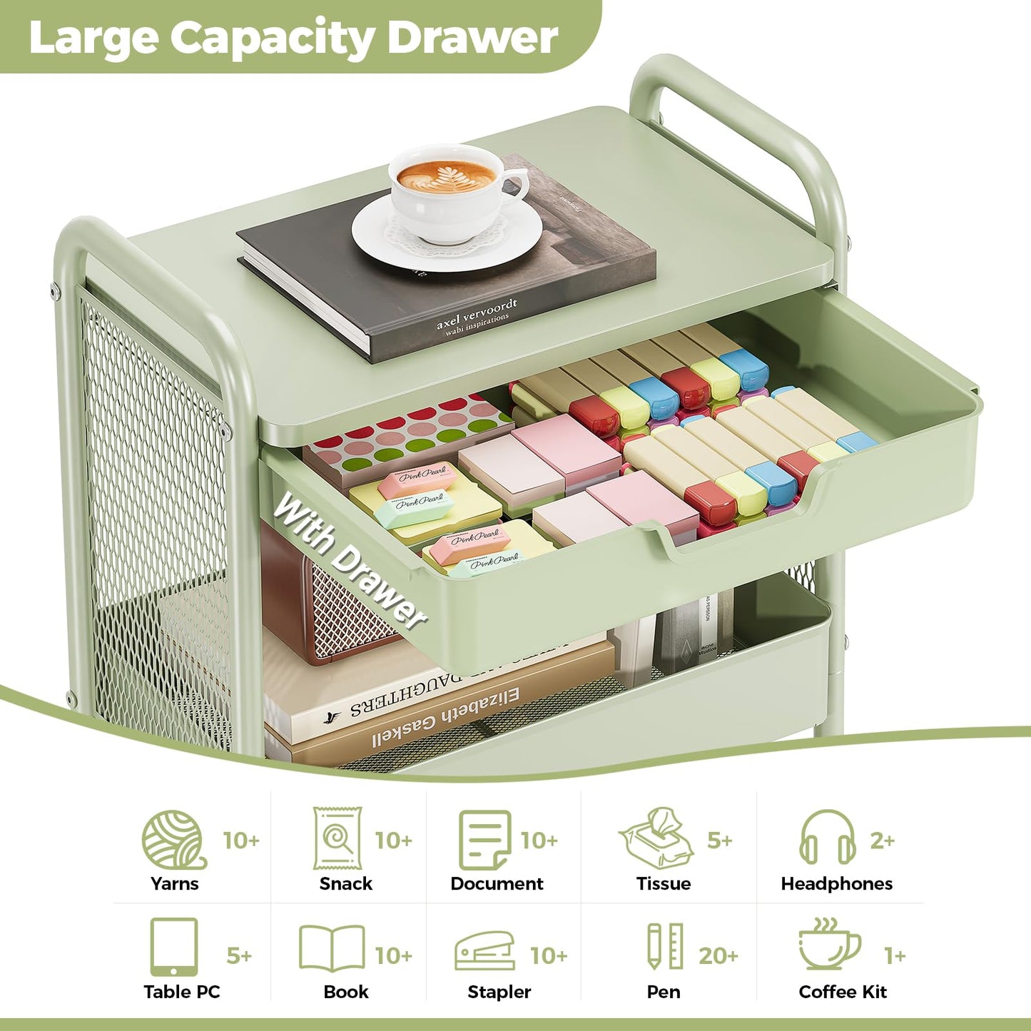 Rolling cart with Drawers - 3 Tier Metal Multifunctional Storage Organizors on Wheels with Tabletop, Hooks & Basket, Sturdy Craft & Art Cart for Bathroom, Bedroom, Children Room, Green