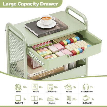 Rolling cart with Drawers - 3 Tier Metal Multifunctional Storage Organizors on Wheels with Tabletop, Hooks & Basket, Sturdy Craft & Art Cart for Bathroom, Bedroom, Children Room, Green