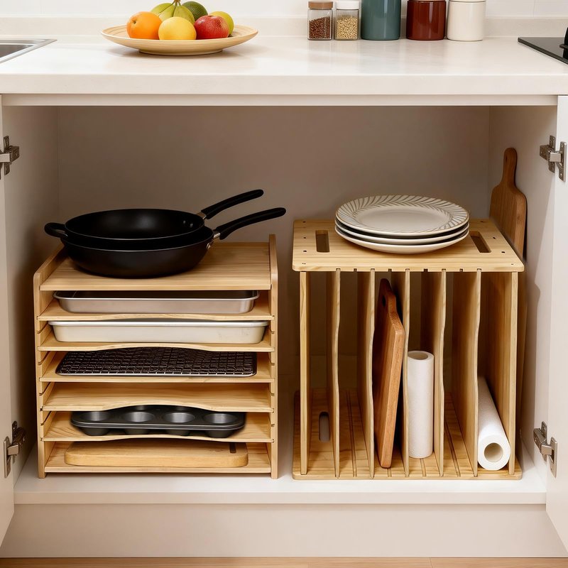 6 Tier Wooden Tray Dividers for Cabinets, Cookie Sheet Organizer 15.7" W x 16.5" H x 12.6" D Baking Sheets, Pans and Cutting Boards Organizer for Kitchen Cabinets or Countertop