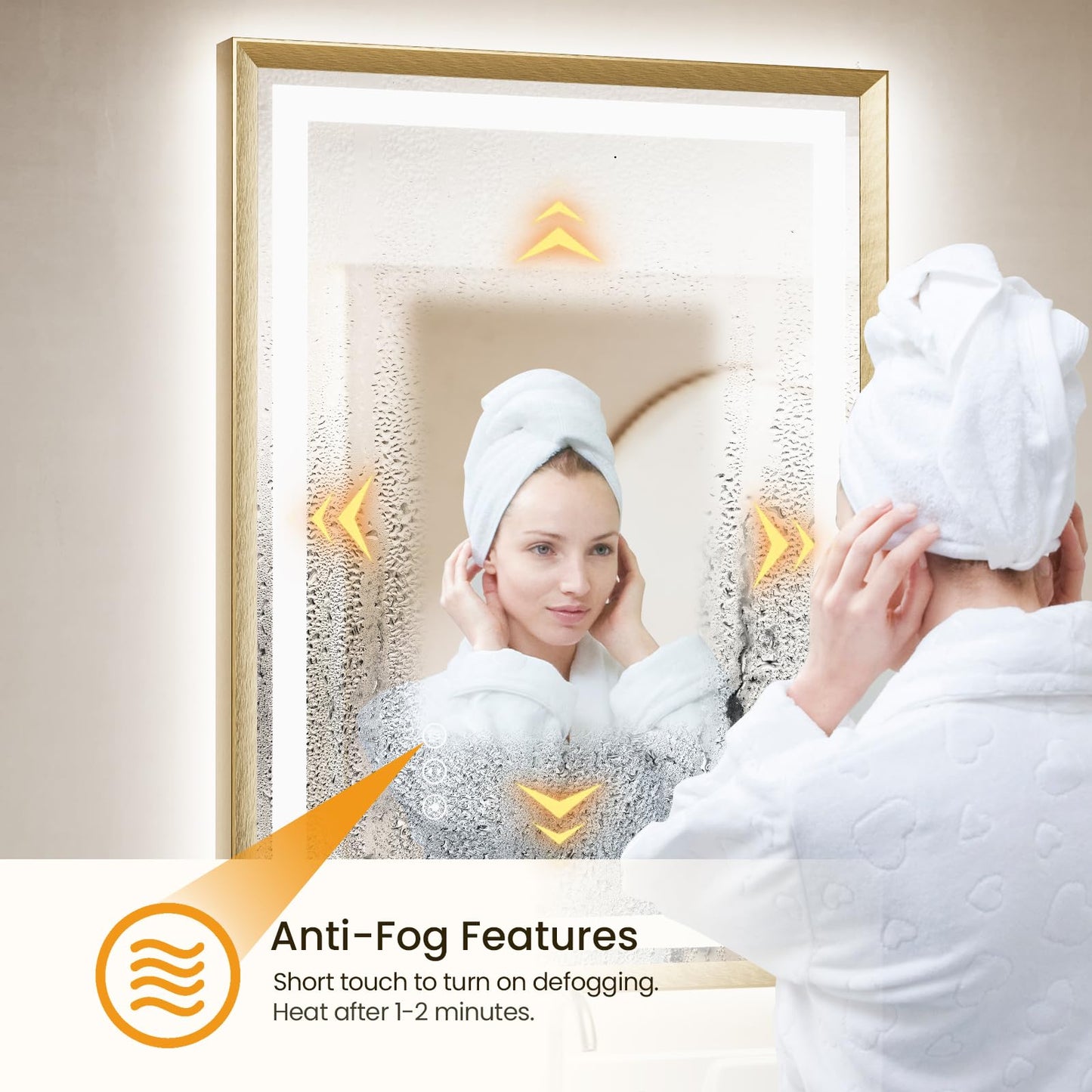 miskerm 55x36 Bathroom Mirror with Lights, Brushed Gold Metal Frame with Backlit + Front Lit, LED Bathroom Mirror, Anti-Fog, Dimmable, Bathroom Vanity Mirror Tempered Glass(Horizontal/Vertical)