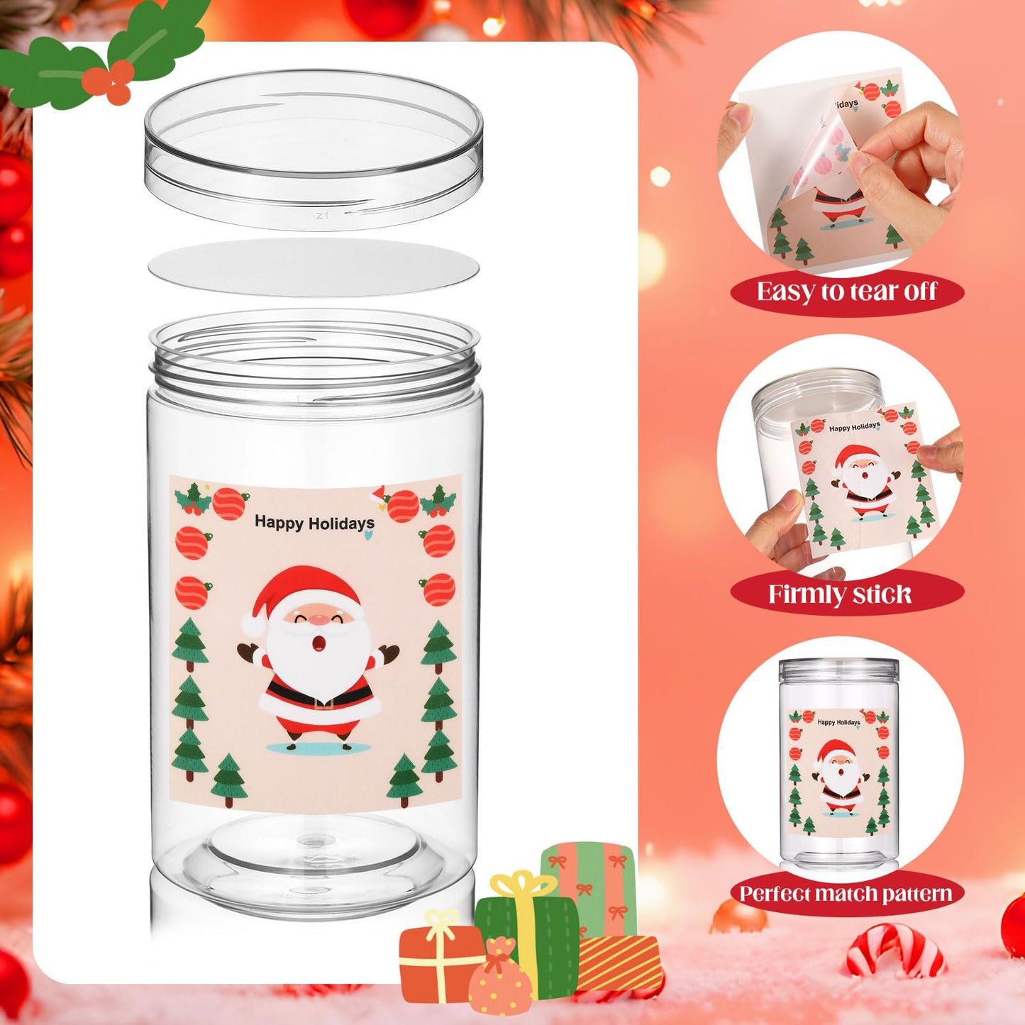 FoldTier 4 Sets Christmas Plastic Candy Jar Clear Cookie Containers with Lids Storage Jar Cookie Tins Snacks Treats Containers for Xmas Home Countertop Kitchen Decorative Winter Party Supply
